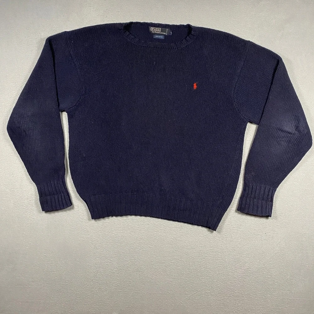 Vintage Polo Ralph Lauren Sweater Mens Large Blue Cotton Knit Crewneck Pony Logo
